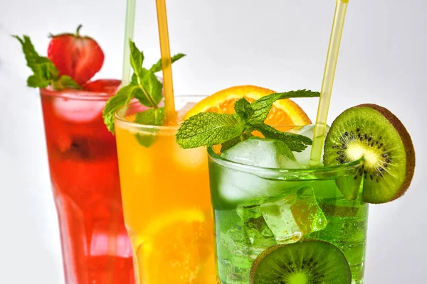 Mix Three Bright Colored Delicious Cold Lemonade Carafes Kiwi Orange — Stock Photo, Image