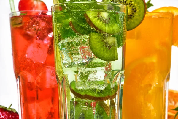 Mix Three Bright Colored Delicious Cold Lemonade Carafes Kiwi Orange — Stock Photo, Image