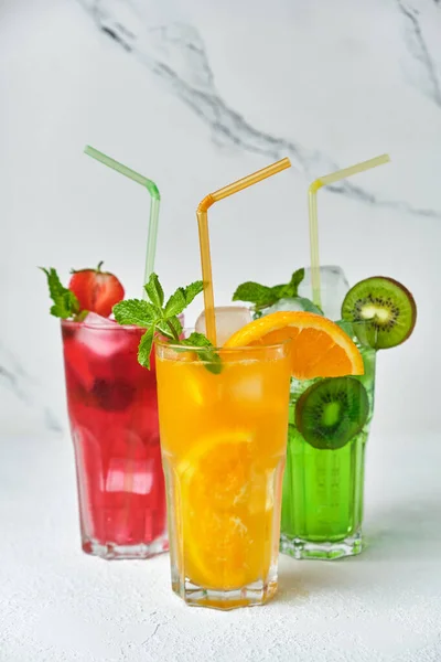 Mix Three Bright Colored Delicious Cold Lemonade Carafes Kiwi Orange — Stock Photo, Image