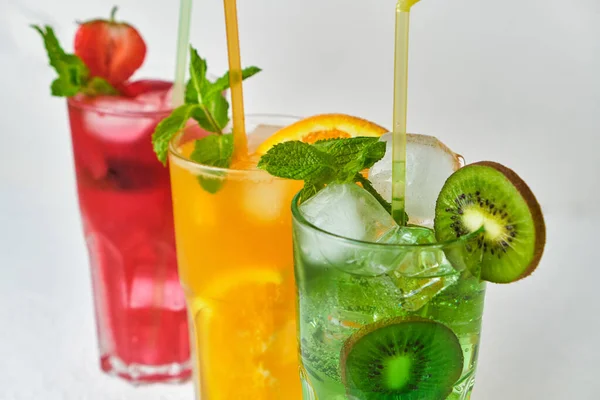 Mix Three Bright Colored Delicious Cold Lemonade Carafes Kiwi Orange — Stock Photo, Image