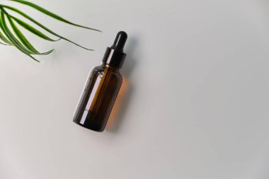 Su zemininde pipeti olan cam serumu kozmetik şişesi. Suyun üzerinde palmiye yaprağı ile güzel lekeler var. Kozmetik ürünlerinin maketi