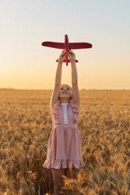 Mutlu çocuk, yaz buğday tarlasında oyuncak uçakla oynayan kız. Küçük kızım uçmayı hayal ediyor. Kaygısız çocuk dışarıda oynuyor.