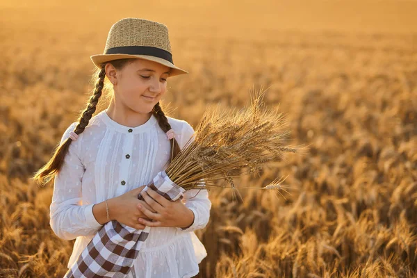다니며 밭에서의 즐기는 자연의아름다움 귀여운 소녀를 — 스톡 사진