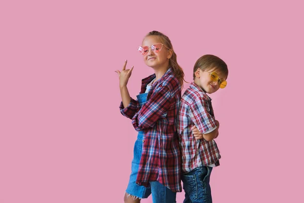 Cute Stylish Little Girl Boy Color Sunglasses Dressed Plaid Shirts — ストック写真