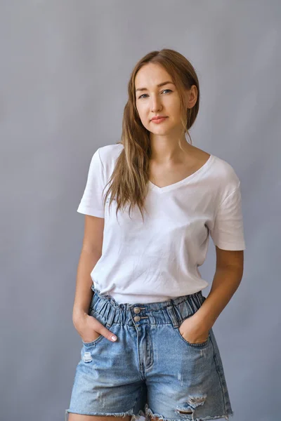 Portrait Young Beautiful Woman Jeans Shirt Hold Hands Pockets Look — Stock Photo, Image