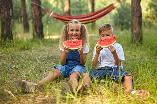Bambini Mangiano Anguria Nel Parco Bambini Mangiano Frutta All Aperto — Foto Stock