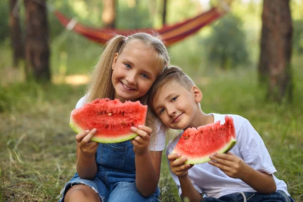 Bambini Felici Che Mangiano Anguria Nel Parco Bambini Mangiano Frutta — Foto Stock