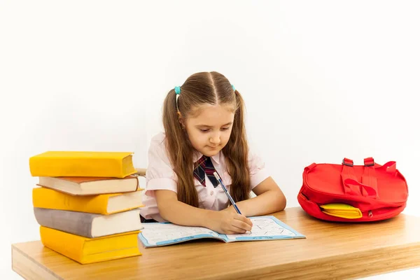 Zes Jaar Oud Kind Lessen Meisje Studing Aan Tafel Witte — Stockfoto