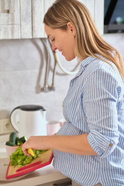 sağlıklı beslenme, gebelik ve insanlar kavramı - hamile kadın sebze salatası ev mutfak, yemek