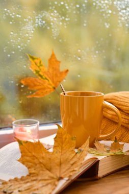 Sezon, eğlence ve nesne konsepti - kırmızı çay fincanı, açık kitap, sonbahar yaprakları ve yağmur sonrası penceredeki mum