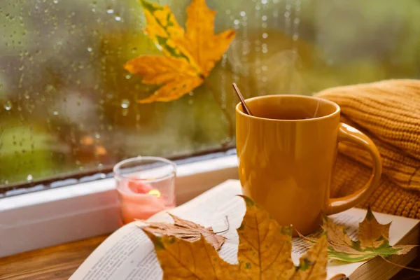 Stagione Tempo Libero Oggetti Concetto Tazza Rosso Con Vapore Caldo — Foto Stock