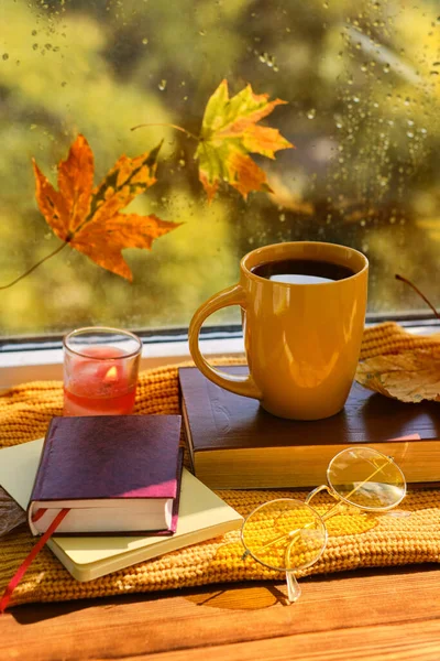 Stagione Oggetti Concetto Libro Con Bicchieri Tazza Caffè Foglie Autunnali — Foto Stock