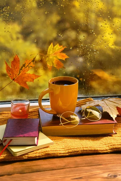 Okuma sezonu ve sonbahar konsepti - gözlüklü kitap, kahve fincanı, sonbahar yaprakları, kırmızı yün süveter ve evdeki ahşap pencere pervazında yanan mum
