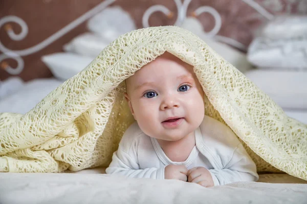 Baby boy is hiding under the white blanket — Stock Photo, Image