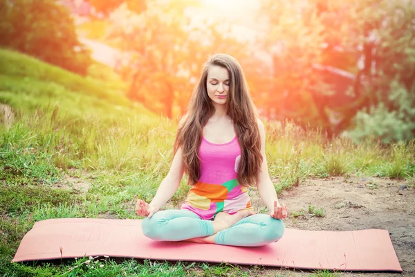 Güzel kadının doğa manzara üzerinde yoga egzersizleri yapması — Stok fotoğraf