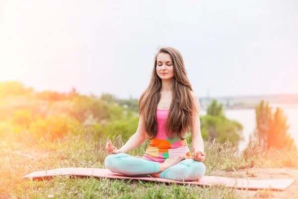 Güzel kadının doğa manzara üzerinde yoga egzersizleri yapması — Stok fotoğraf