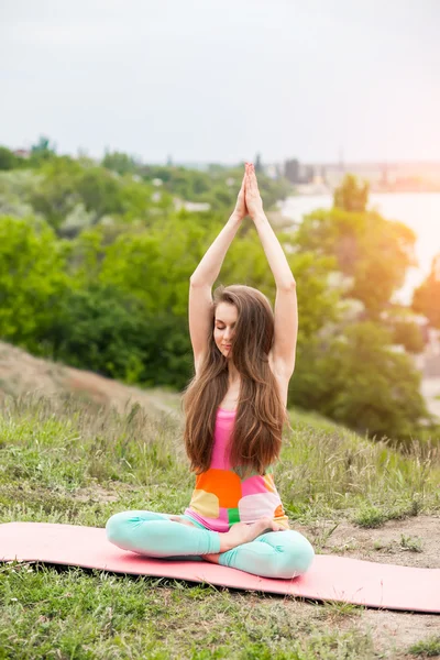 Güzel kadının doğa manzara üzerinde yoga egzersizleri yapması — Stok fotoğraf