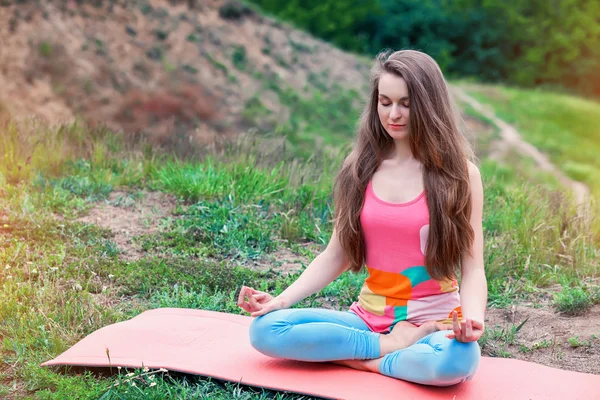 Güzel kadının doğa manzara üzerinde yoga egzersizleri yapması — Stok fotoğraf