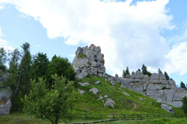 Ukrayna Karpatları 'ndaki tarihi Tustan kaya kalesinin manzarası: kadim uçurum kenarındaki ahşap izleme platformu ve çit, yemyeşil vadi ve yoğun ormanı parçalı bulutlu gökyüzü altında gören
