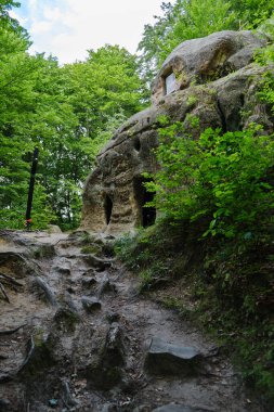 Ukrayna Karpatları 'ndaki kaya oymalı manastır: bereketli yeşil ormanlarla çevrili antik kumtaşı mağarası yapısı, yazıtlar, pencere çerçevesi, giriş ve yan oyukları