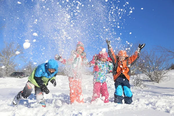 冬天一群孩子在雪地上玩耍 — 图库照片