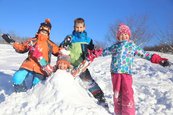 冬に雪の上で遊ぶ子供たちのグループ — ストック写真