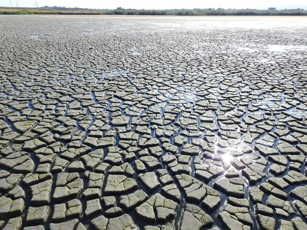 Fundo Lago Seco Coberto Com Rachaduras Catastrofia Ecológica — Fotografia de Stock