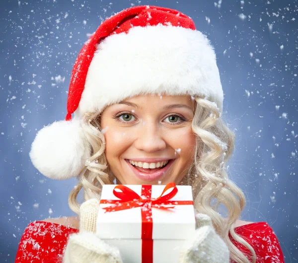 Beautiful Young Blonde Girl Santa Claus Hat Smiles Christmas Card — Stock Photo, Image