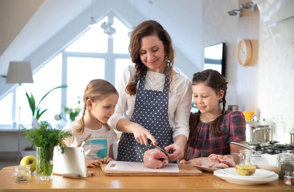 Mother Little Children Have Cooking Together Kitchen Home — Stock Photo, Image