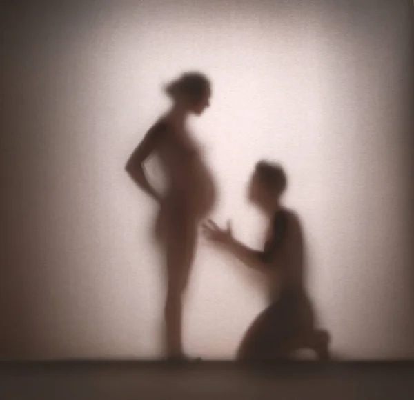 Beautiful Silhouette Young Family Expecting Baby Blurred Paper Man Woman — Stock Photo, Image