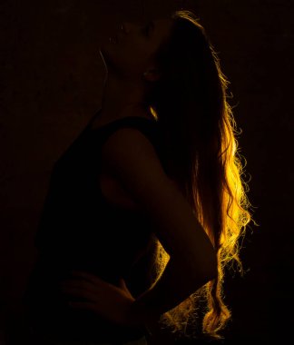 Genç ve güzel bir kadının altın ışığına karşı portre