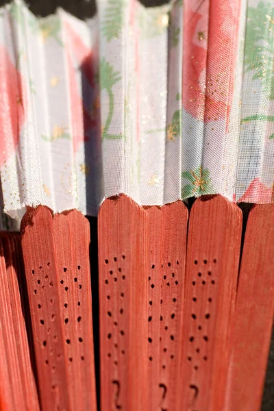 Close Red Wooden Fabric Fan — Stock Photo, Image