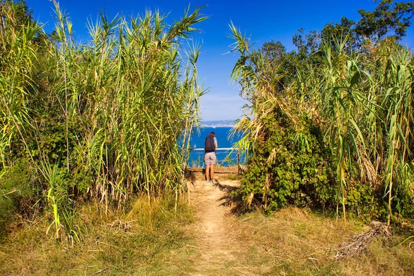 Une Randonneuse Avec Randonneur Dans Chemin Roseaux Donnant Sur Mer — Photo