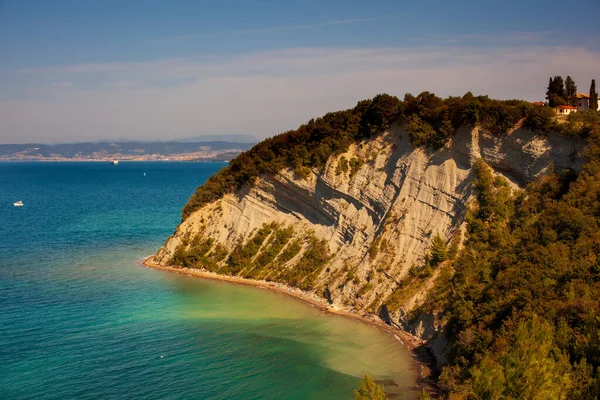 スロベニアの海岸線にあるシュトルンジャン崖の有名なビーチであるムーンベイの眺め ストック画像