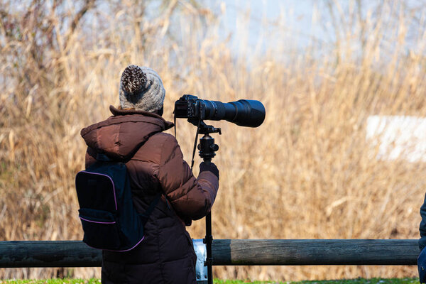 Bird photographer take photos with a camera and telephoto, Laguna di Marano