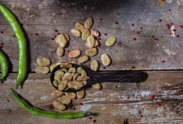 Top View Fresh Dried Broad Beans Wooden Table — Stock Photo, Image