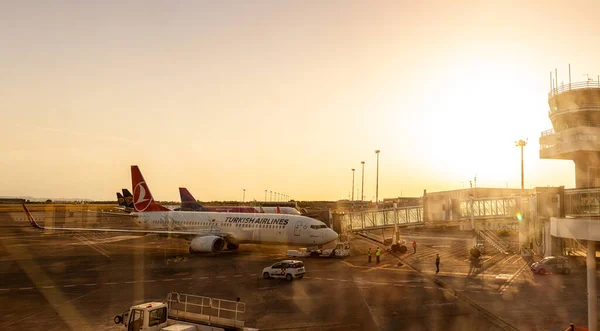 Aeroporto Catania Maggio Veduta Degli Aerei Delle Compagnie Aeree Turche — Foto Stock