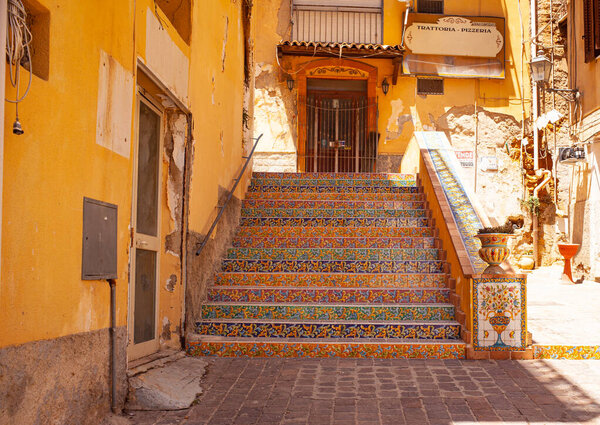 View of a staircase decorated with typical Sicilian ceramic tiles, Porto Empedocle. Sicily