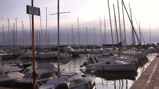 Segelbåtar Parkerade Trieste Piren — Stockvideo