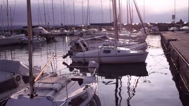 Segelbåtar Parkerade Trieste Piren — Stockvideo