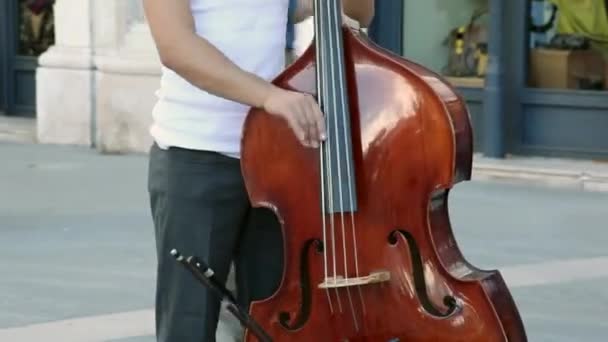 视图的街头音乐家 每天演奏双低音 — 图库视频影像