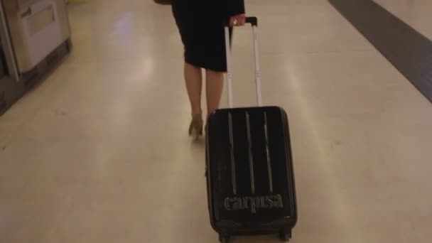 Elegante Mujer Negocios Vestida Negro Tirando Maleta Estación Tren — Vídeos de Stock