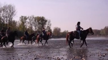 TICINO, İTALYA - 12 Nisan 2015 'te Ticino nehri boyunca dörtnala koşan atların görüntüsü