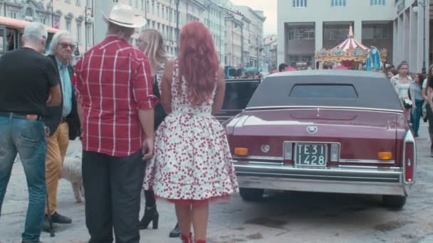 Trieste Italy Οκτωβριοσ Παλιά Cadillac Εκτίθεται Στην Εθνική Ημέρα Της — Αρχείο Βίντεο