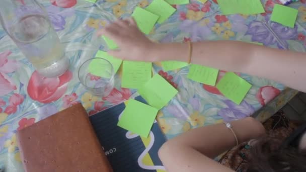 Students Teamwork Using Brainstorming Ideas Pasting Post Notes Table — Stock Video