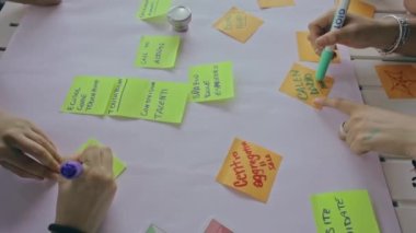 Takım çalışması yapan öğrenciler fikir üretmek için beyin fırtınası yapıyorlar. Masaya notlar yapıştırıyorlar.