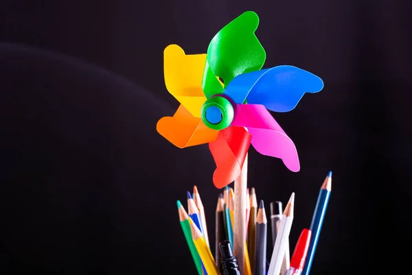 Pinwheel Pencils Pot Stacked Books School Supplies White Desk Blackboard — Stock Photo, Image