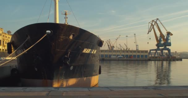 Trieste Italy October Ship Docked Trieste Old Port Sunset Cranes — Stock Video