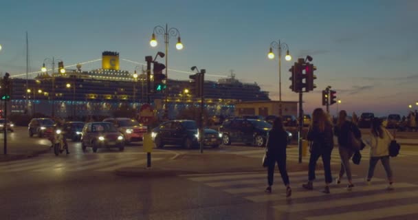 Trieste Italia Octubre Vista Nocturna Del Crucero Costa Atracado Muelle — Vídeo de stock