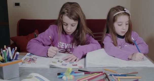 Dos Hermanas Con Sudadera Rosa Hacen Sus Deberes Escribiendo Cuaderno — Vídeo de stock